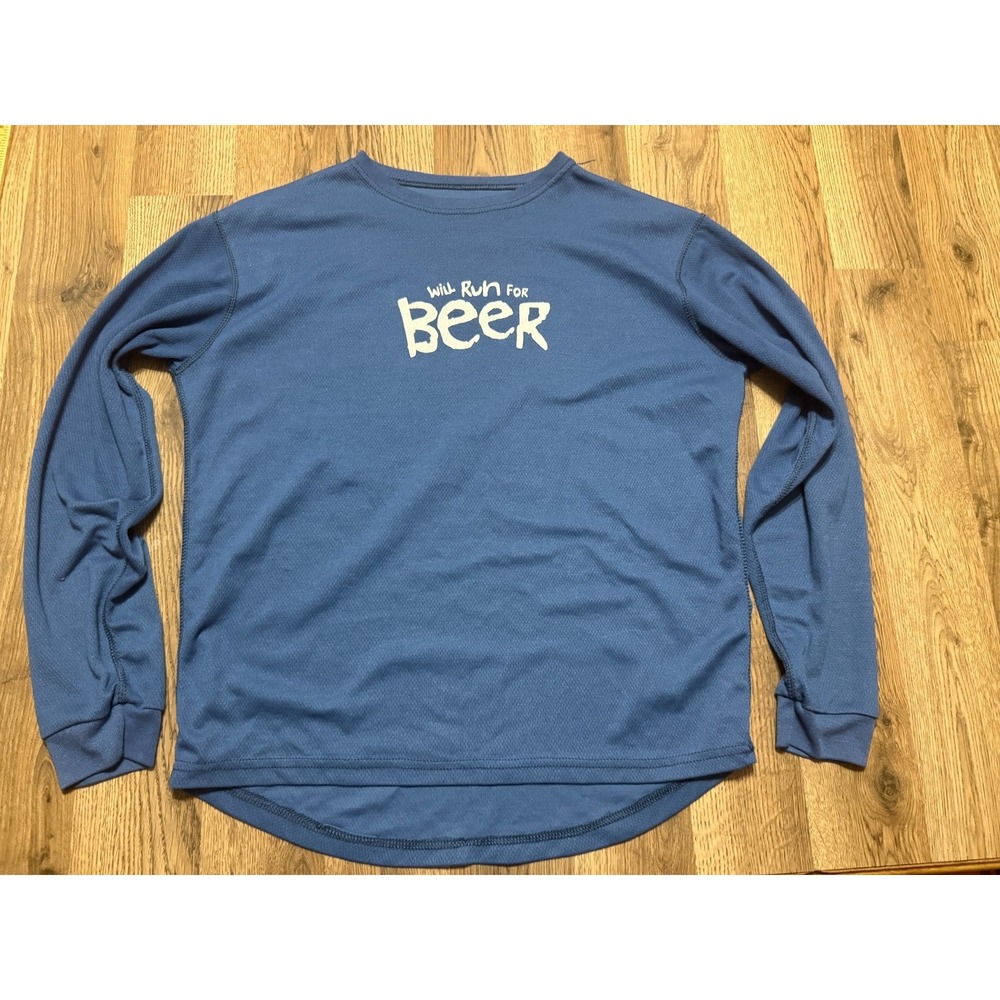 One More Mile Shirt, Men's Large, Blue White, Long Sleeve, Will Run for Beer